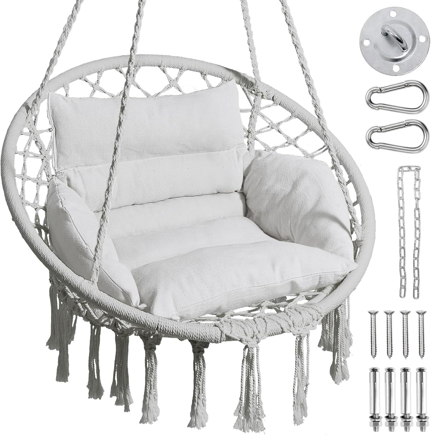 Hammock Chair, Macrame Swing Chair with Comfy Cushion, Boho Hanging Chair for Outdoor & Indoor, Perfect for Bedroom, Patio, Balcony, Hold up to 330Lbs, Beige