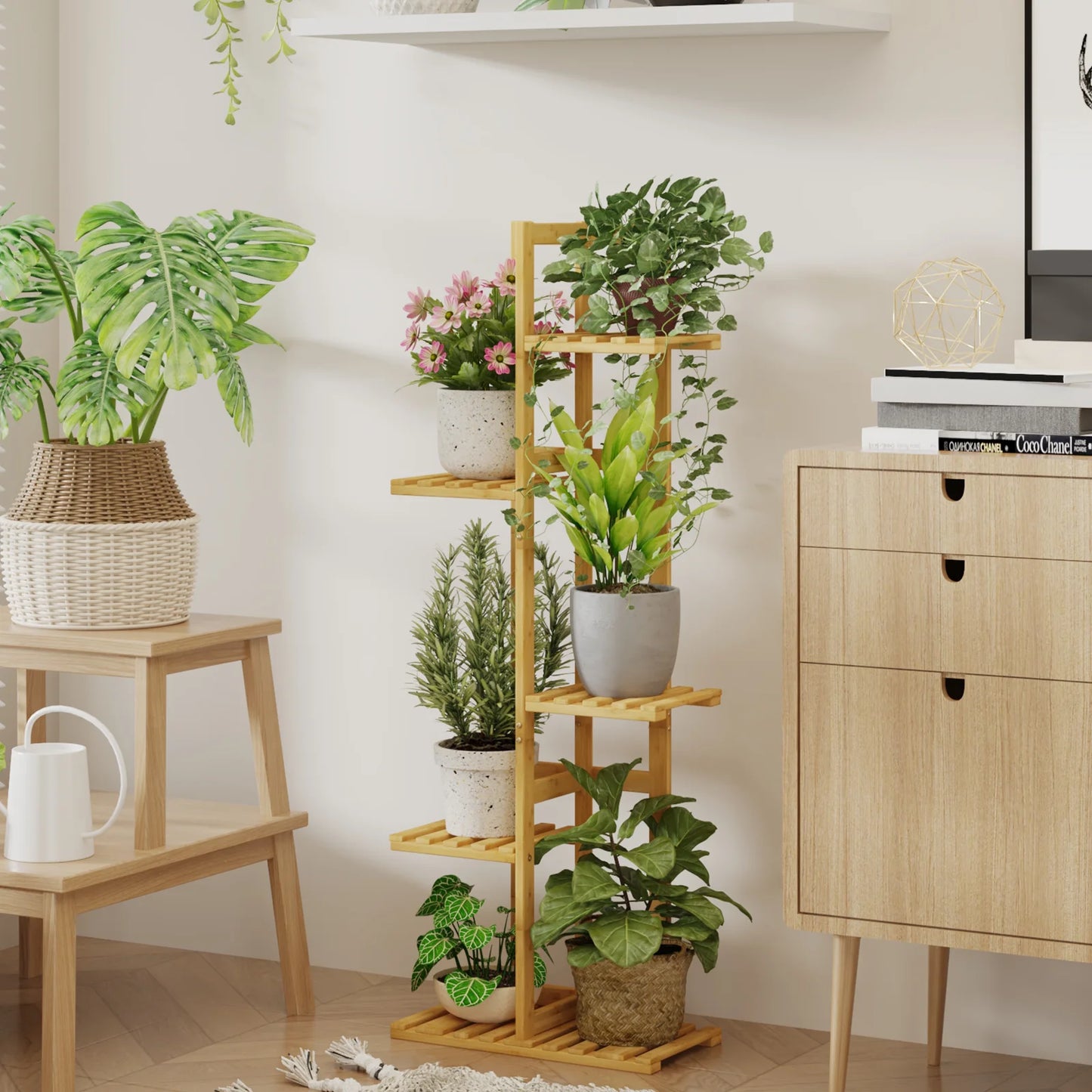 (2 Pack)  5 Tier Plant Stand Indoor, Small Corner Plant Shelf for Multiple Plants, Tiered Bamboo Flower Stand for Window Garden Balcony Home Decor Living Room Bedroom