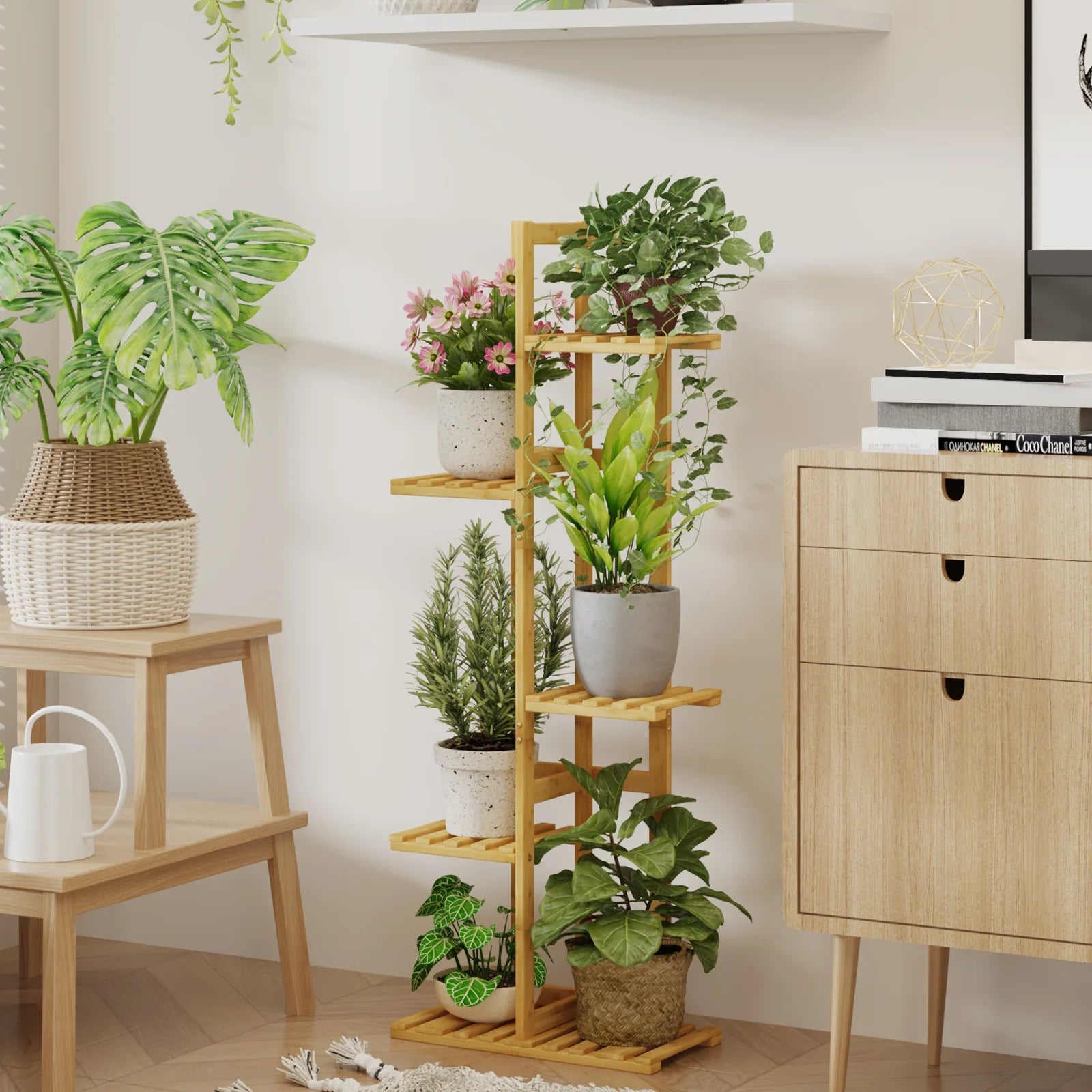 (2 Pack)  5 Tier Plant Stand Indoor, Small Corner Plant Shelf for Multiple Plants, Tiered Bamboo Flower Stand for Window Garden Balcony Home Decor Living Room Bedroom