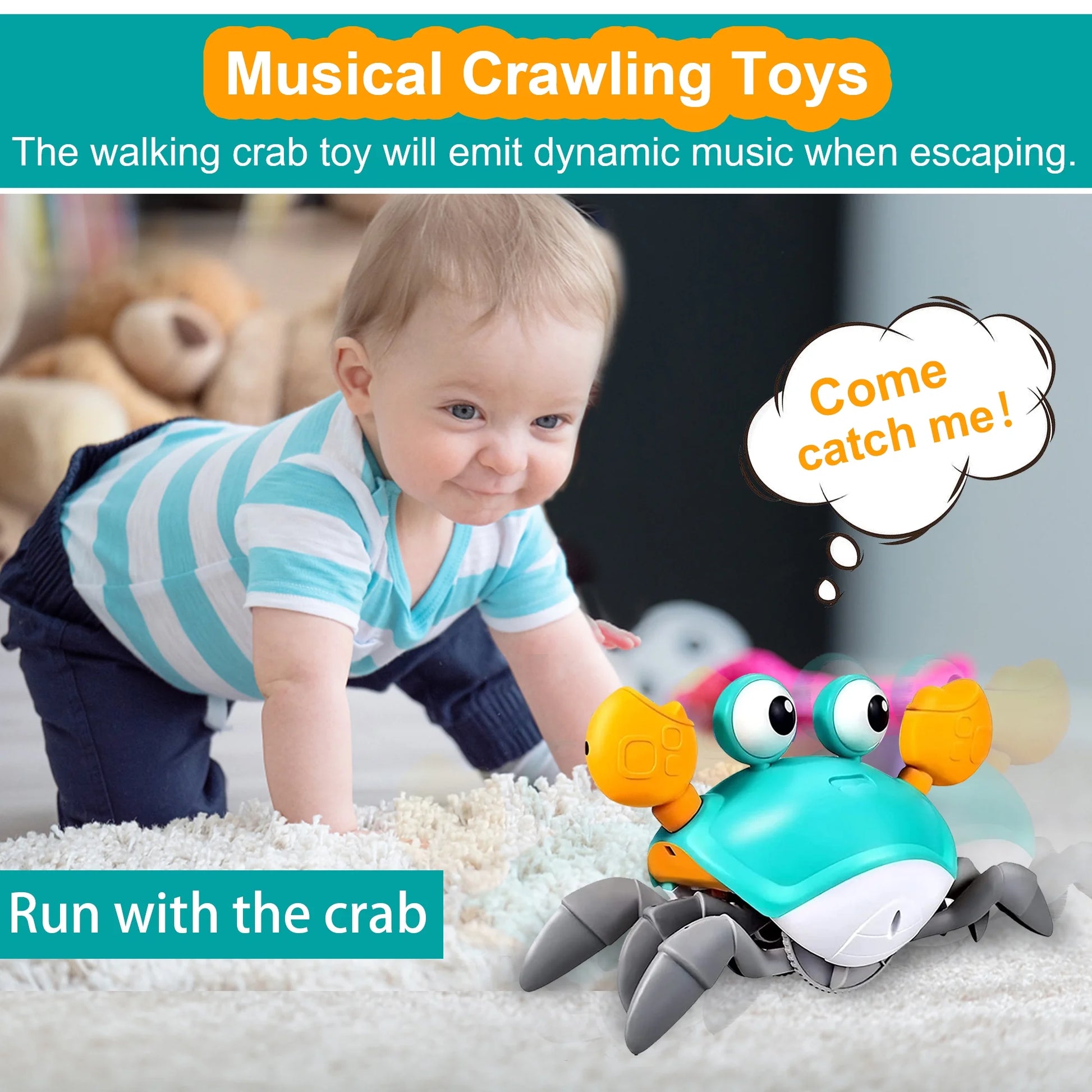 Crawling Crab Baby Toy with Music and LED Light Up,Toddler Interactive Learning Development Toy with Automatically Avoid Obstacles(Green)