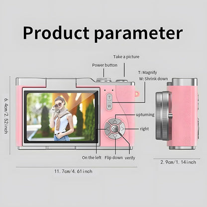 4K Digital Camera for Photography - 4K Foldable Screen Student Camera with 3" 180°Flip Screen, 64MP Vlogging Camera for Youtube, 18X Digital Zoom Point, 32GB Micro SD Card for Beginner (Pink)