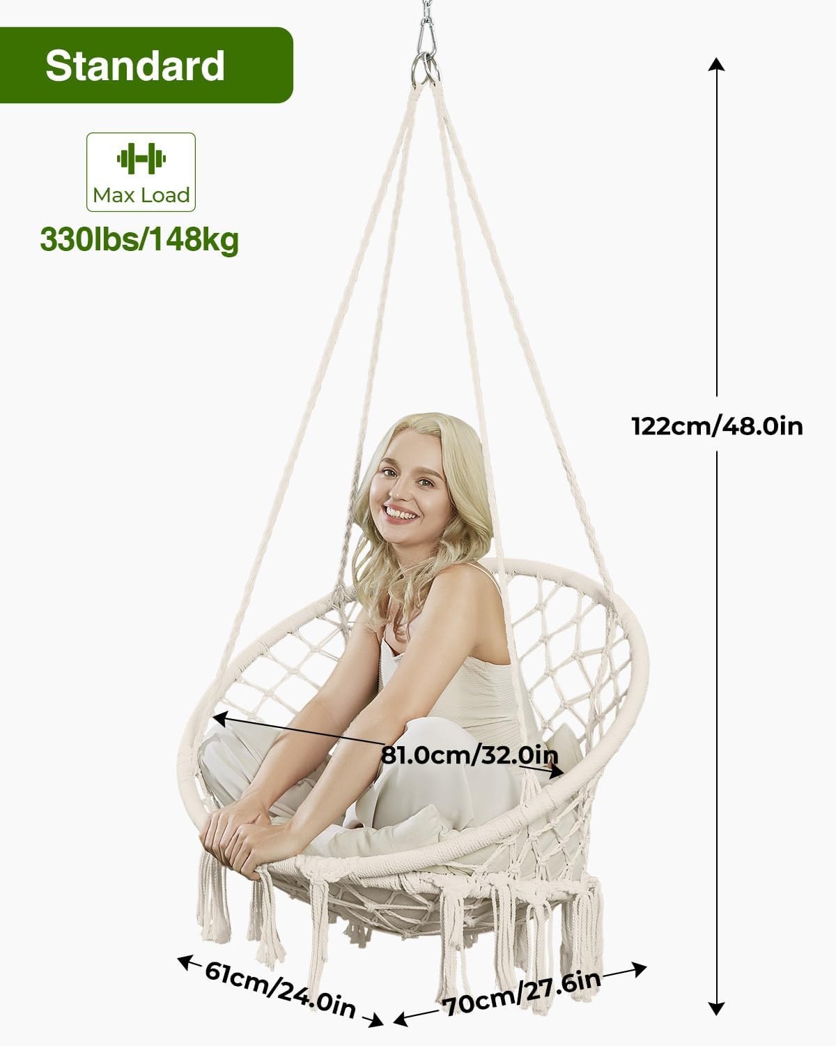 Hammock Chair, Macrame Swing Chair with Comfy Cushion, Boho Hanging Chair for Outdoor & Indoor, Perfect for Bedroom, Patio, Balcony, Hold up to 330Lbs, Beige