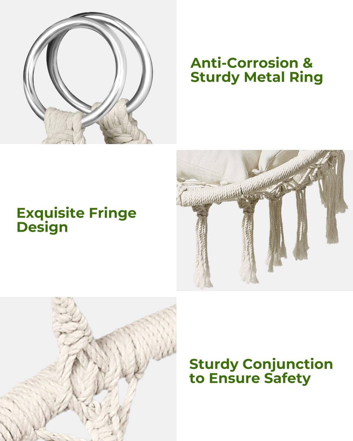 Hammock Chair, Macrame Swing Chair with Comfy Cushion, Boho Hanging Chair for Outdoor & Indoor, Perfect for Bedroom, Patio, Balcony, Hold up to 330Lbs, Beige