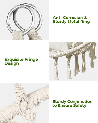 Hammock Chair, Macrame Swing Chair with Comfy Cushion, Boho Hanging Chair for Outdoor & Indoor, Perfect for Bedroom, Patio, Balcony, Hold up to 330Lbs, Beige