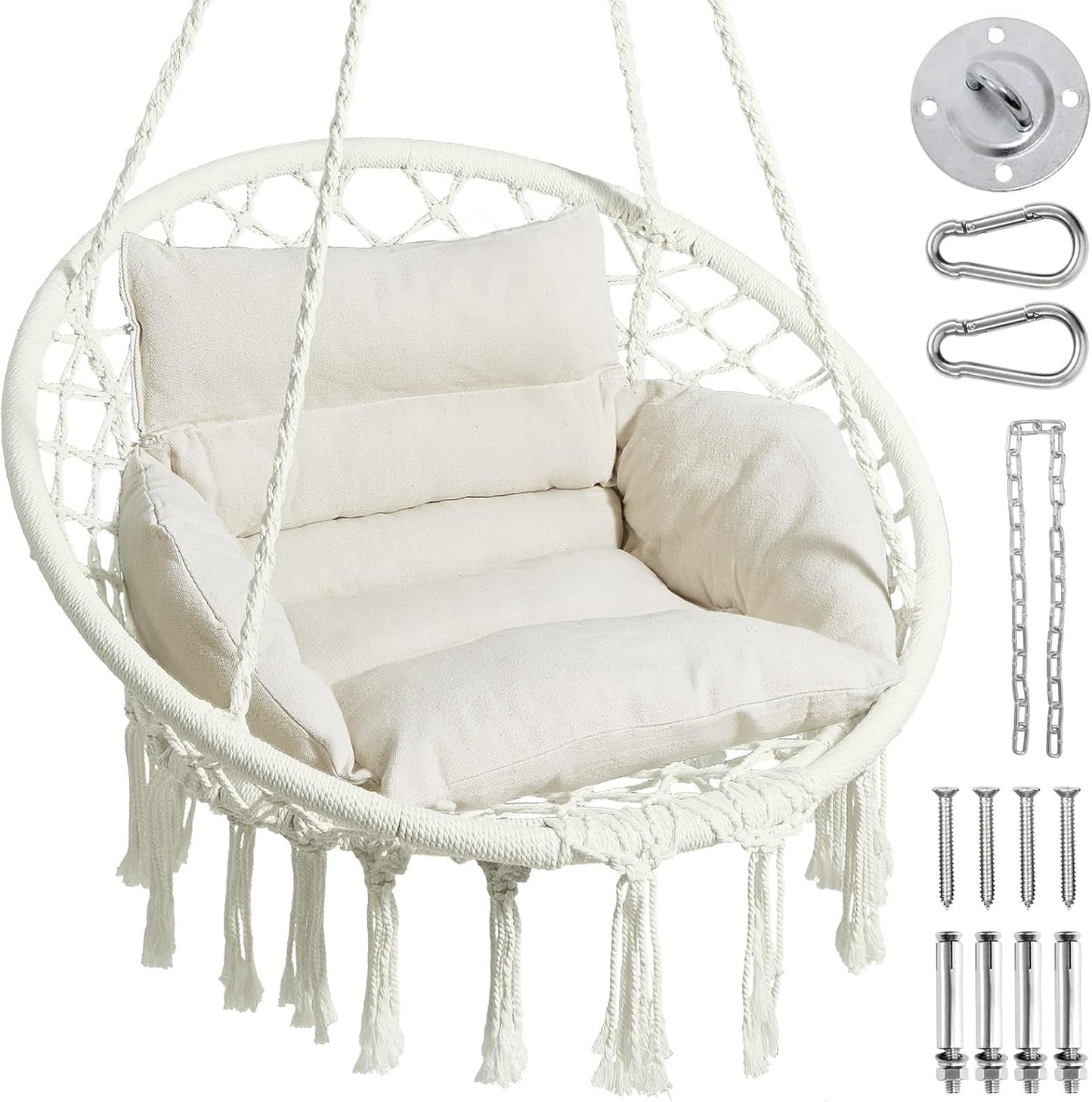 Hammock Chair, Macrame Swing Chair with Comfy Cushion, Boho Hanging Chair for Outdoor & Indoor, Perfect for Bedroom, Patio, Balcony, Hold up to 330Lbs, Beige