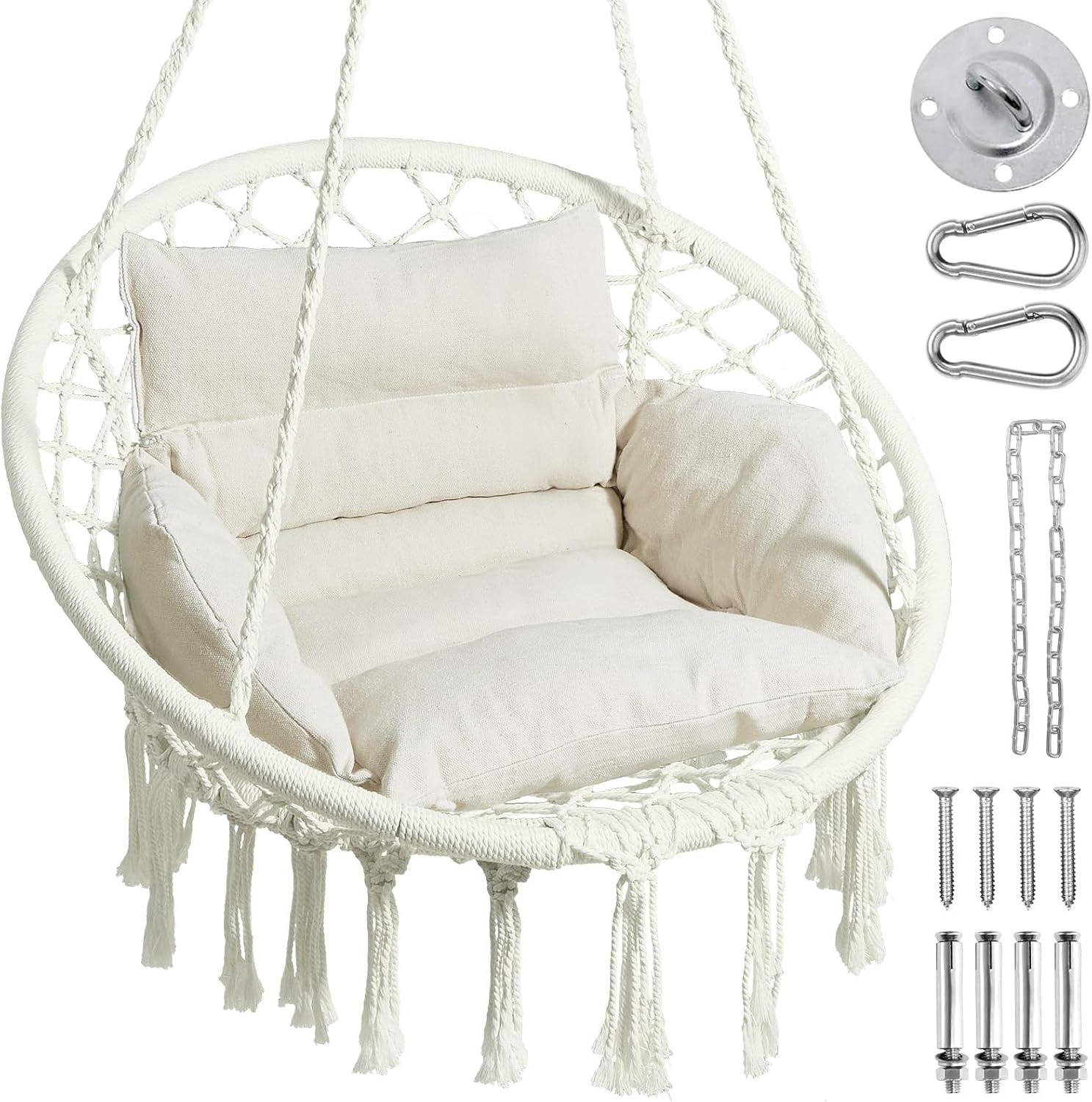 Hammock Chair, Macrame Swing Chair with Comfy Cushion, Boho Hanging Chair for Outdoor & Indoor, Perfect for Bedroom, Patio, Balcony, Hold up to 330Lbs, Beige