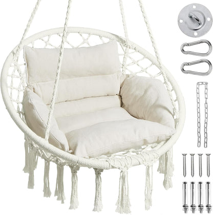 Hammock Chair, Macrame Swing Chair with Comfy Cushion, Boho Hanging Chair for Outdoor & Indoor, Perfect for Bedroom, Patio, Balcony, Hold up to 330Lbs, Beige