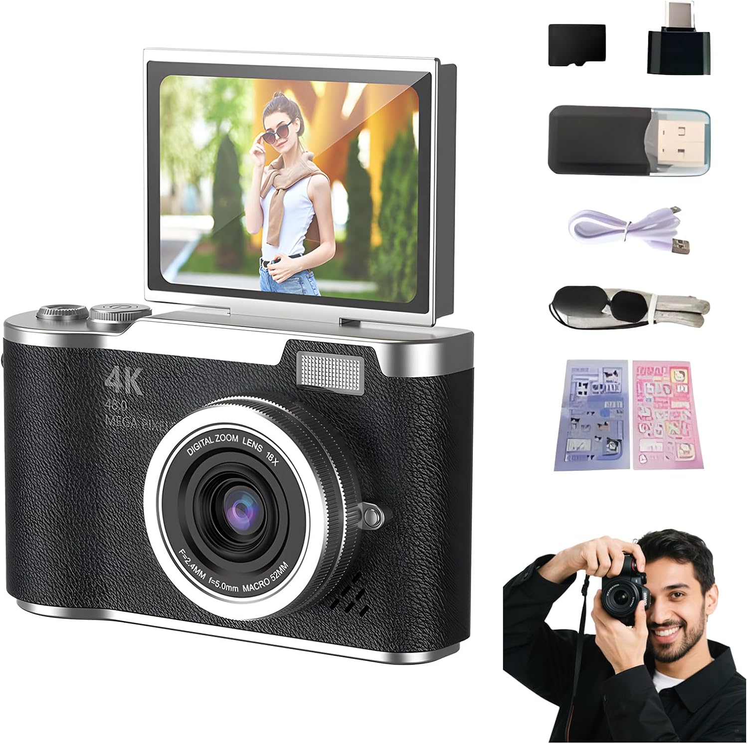 4K Digital Camera for Photography - 4K Foldable Screen Student Camera with 3" 180°Flip Screen, 64MP Vlogging Camera for Youtube, 18X Digital Zoom Point, 32GB Micro SD Card for Beginner (Pink)