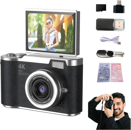 4K Digital Camera for Photography - 4K Foldable Screen Student Camera with 3" 180°Flip Screen, 64MP Vlogging Camera for Youtube, 18X Digital Zoom Point, 32GB Micro SD Card for Beginner (Pink)