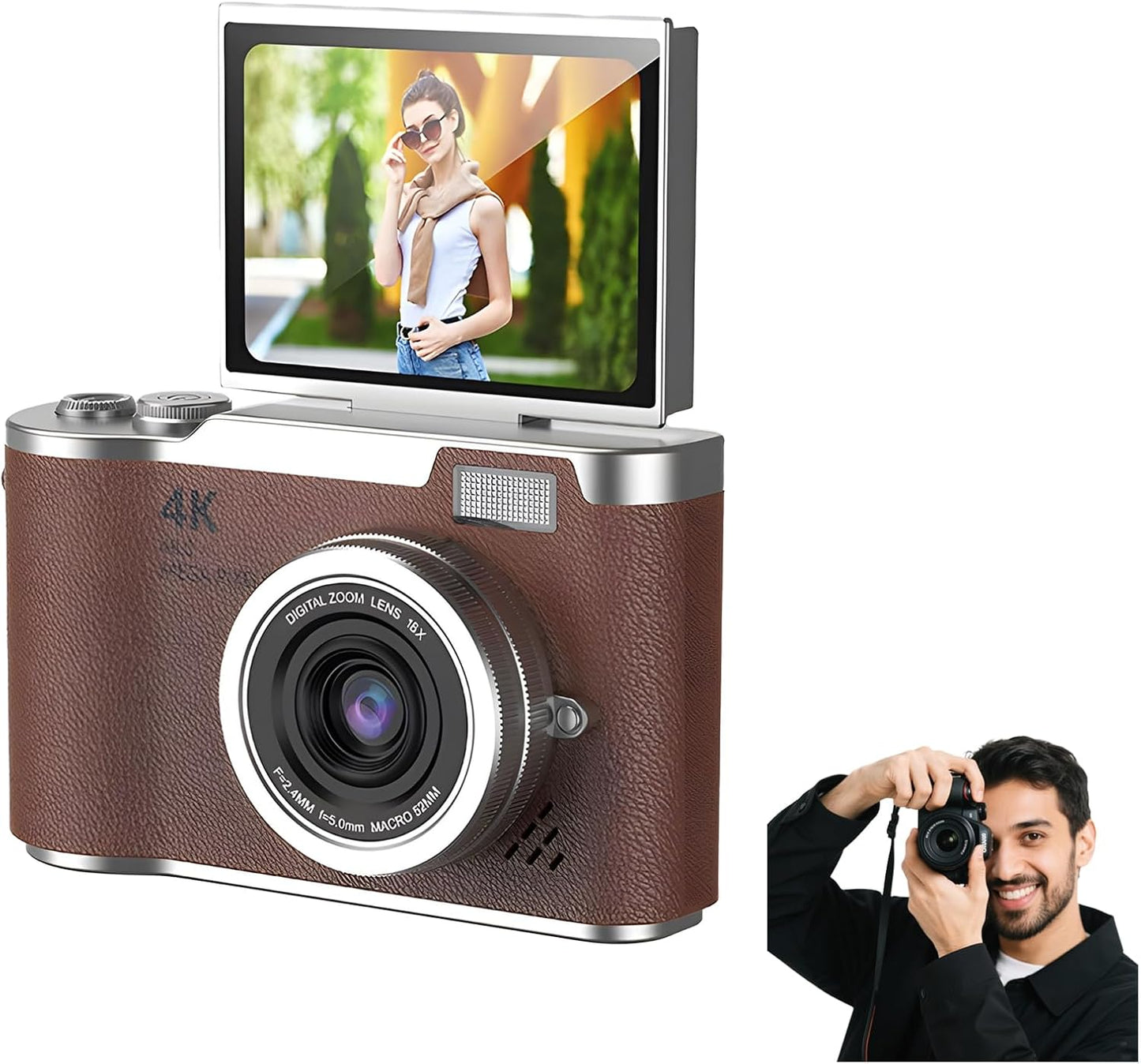 4K Digital Camera for Photography - 4K Foldable Screen Student Camera with 3" 180°Flip Screen, 64MP Vlogging Camera for Youtube, 18X Digital Zoom Point, 32GB Micro SD Card for Beginner (Pink)