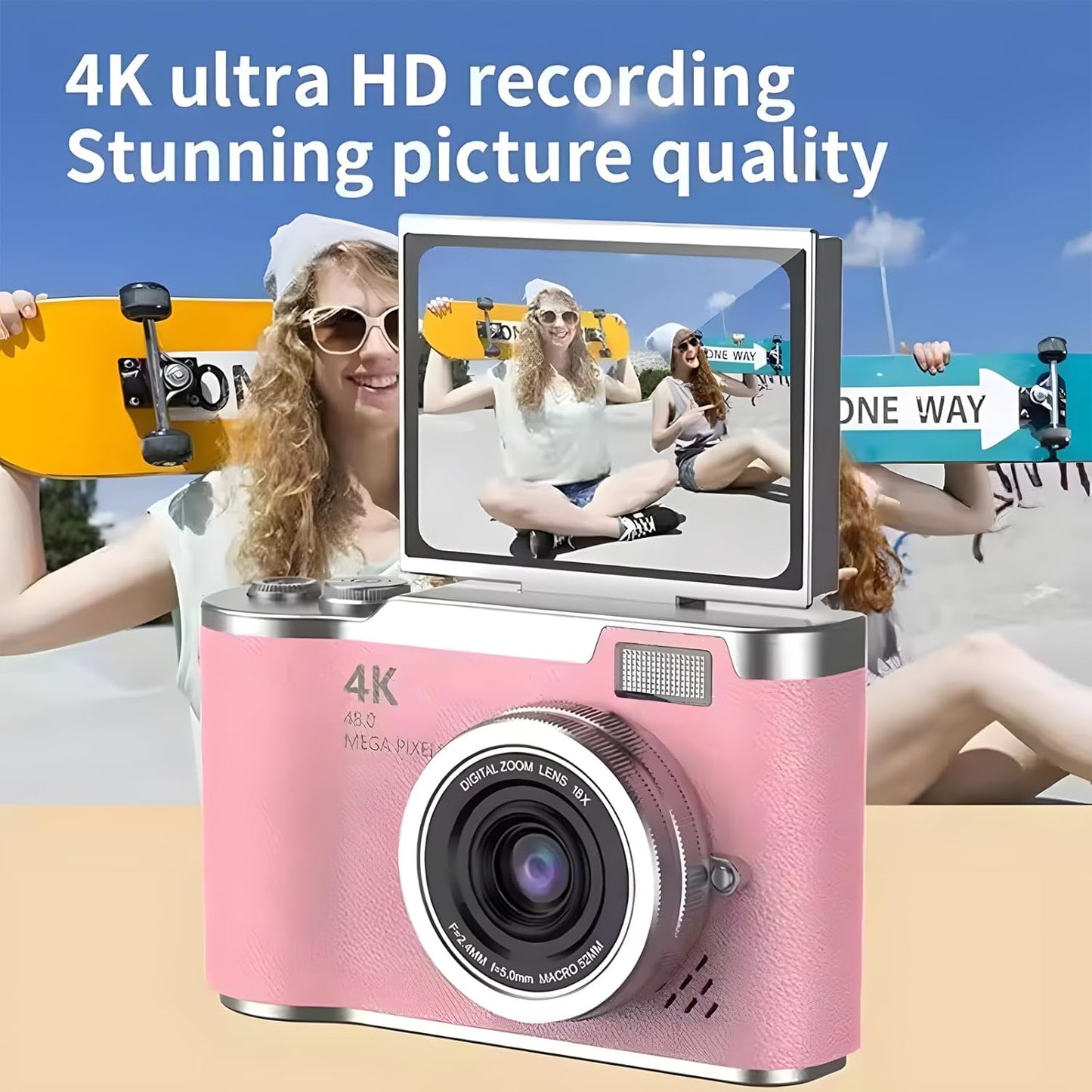 4K Digital Camera for Photography - 4K Foldable Screen Student Camera with 3" 180°Flip Screen, 64MP Vlogging Camera for Youtube, 18X Digital Zoom Point, 32GB Micro SD Card for Beginner (Pink)