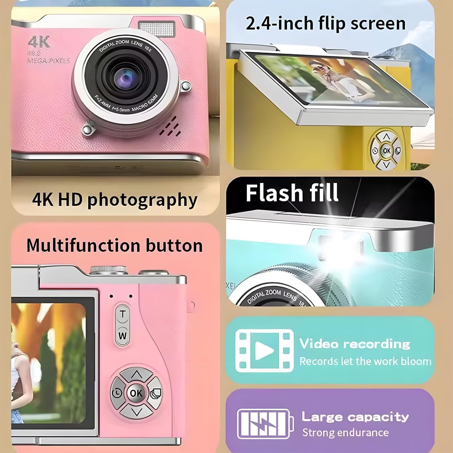 4K Digital Camera for Photography - 4K Foldable Screen Student Camera with 3" 180°Flip Screen, 64MP Vlogging Camera for Youtube, 18X Digital Zoom Point, 32GB Micro SD Card for Beginner (Pink)