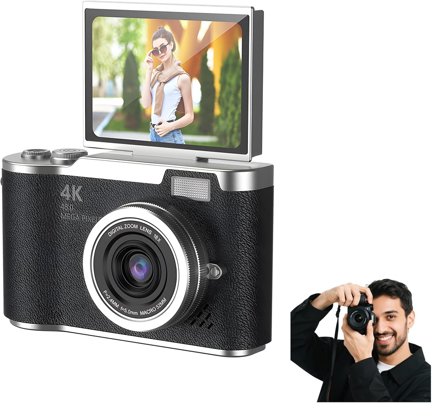 4K Digital Camera for Photography - 4K Foldable Screen Student Camera with 3" 180°Flip Screen, 64MP Vlogging Camera for Youtube, 18X Digital Zoom Point, 32GB Micro SD Card for Beginner (Pink)