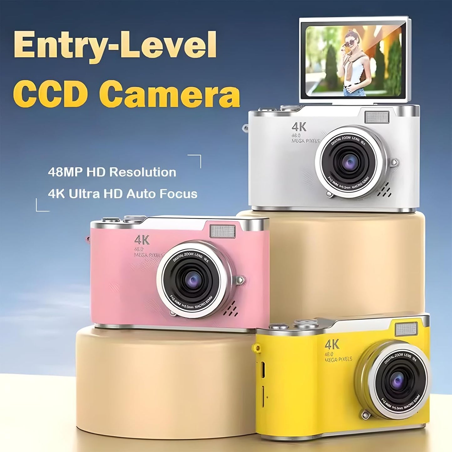 4K Digital Camera for Photography - 4K Foldable Screen Student Camera with 3" 180°Flip Screen, 64MP Vlogging Camera for Youtube, 18X Digital Zoom Point, 32GB Micro SD Card for Beginner (Pink)