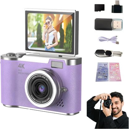 4K Digital Camera for Photography - 4K Foldable Screen Student Camera with 3" 180°Flip Screen, 64MP Vlogging Camera for Youtube, 18X Digital Zoom Point, 32GB Micro SD Card for Beginner (Pink)