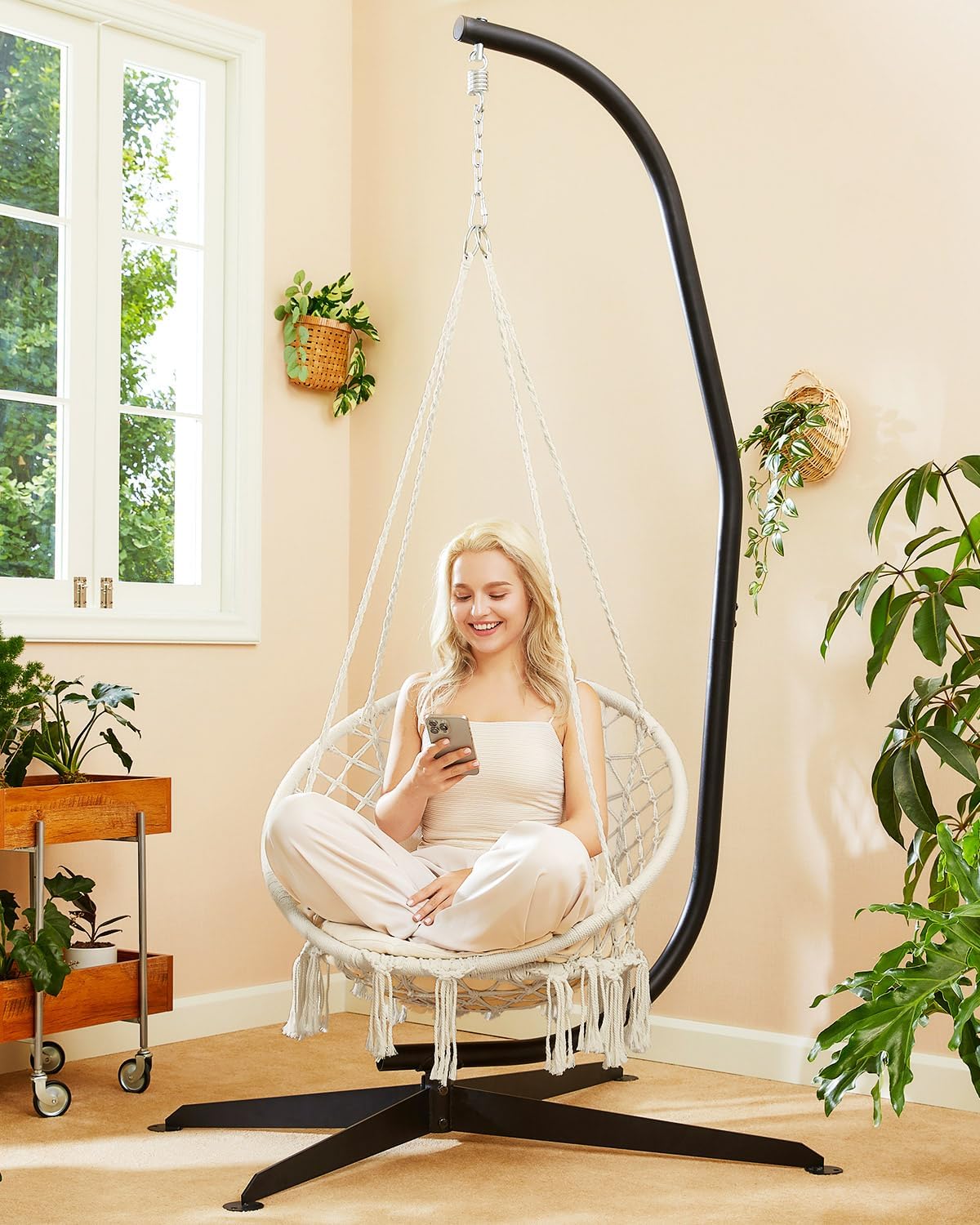 Hammock Chair, Macrame Swing Chair with Comfy Cushion, Boho Hanging Chair for Outdoor & Indoor, Perfect for Bedroom, Patio, Balcony, Hold up to 330Lbs, Beige