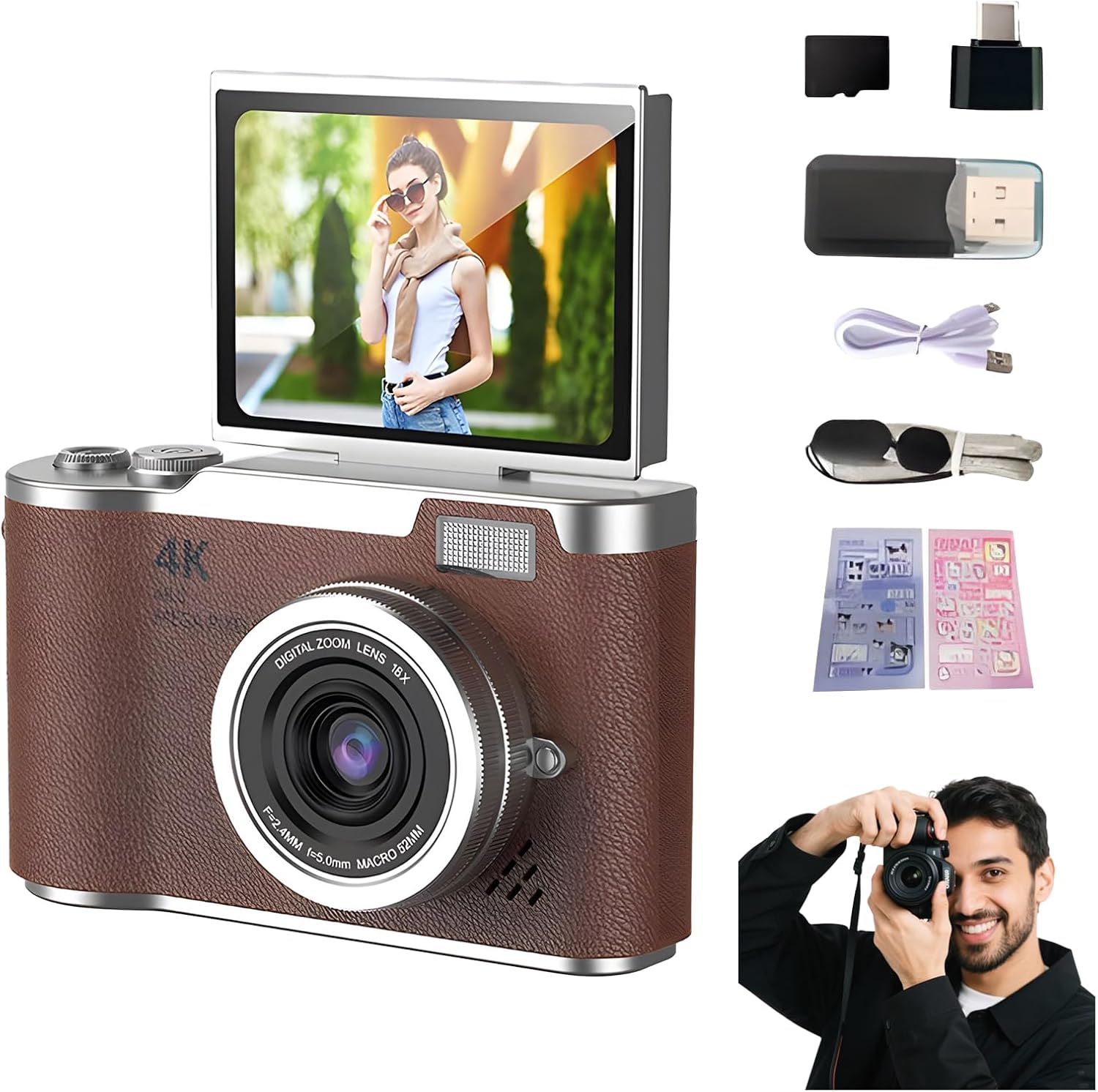 4K Digital Camera for Photography - 4K Foldable Screen Student Camera with 3" 180°Flip Screen, 64MP Vlogging Camera for Youtube, 18X Digital Zoom Point, 32GB Micro SD Card for Beginner (Pink)