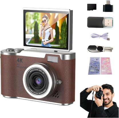 4K Digital Camera for Photography - 4K Foldable Screen Student Camera with 3" 180°Flip Screen, 64MP Vlogging Camera for Youtube, 18X Digital Zoom Point, 32GB Micro SD Card for Beginner (Pink)