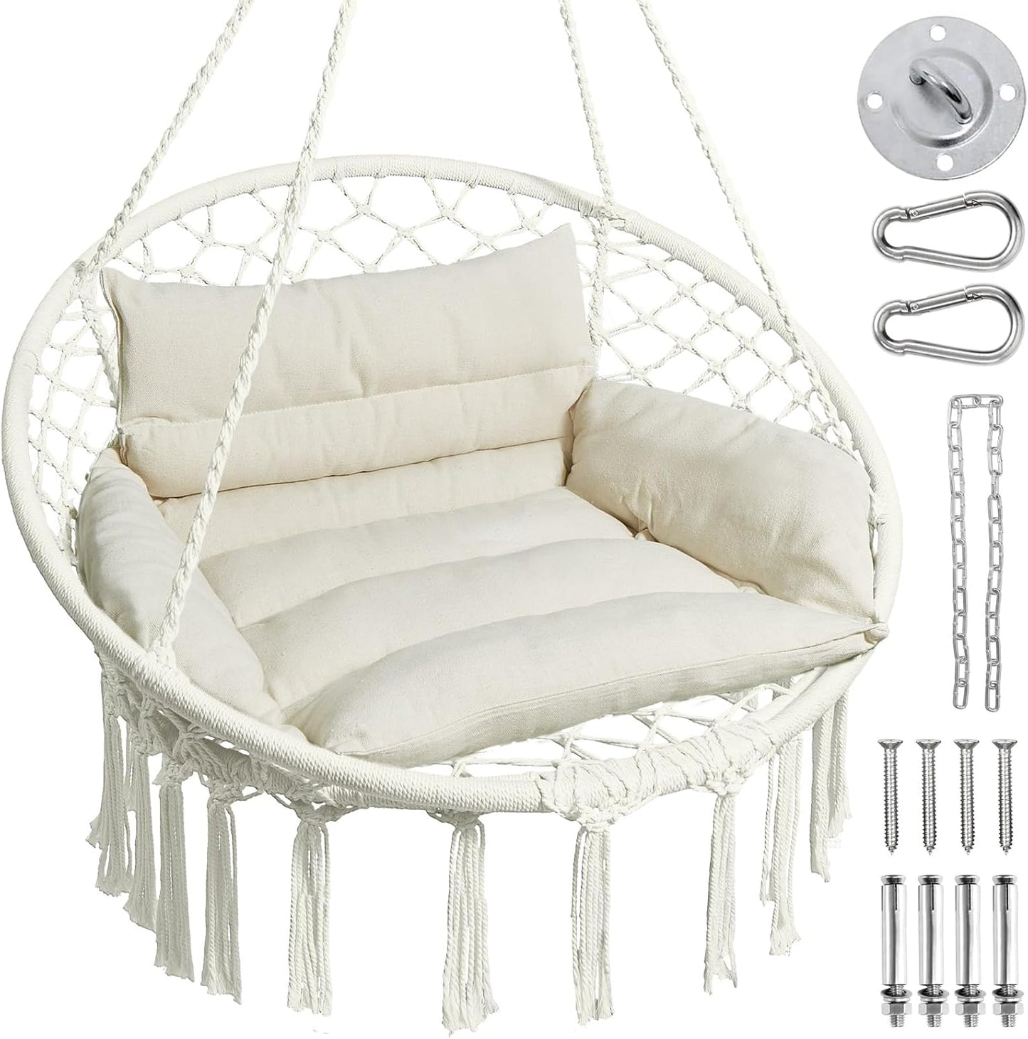 Hammock Chair, Macrame Swing Chair with Comfy Cushion, Boho Hanging Chair for Outdoor & Indoor, Perfect for Bedroom, Patio, Balcony, Hold up to 330Lbs, Beige