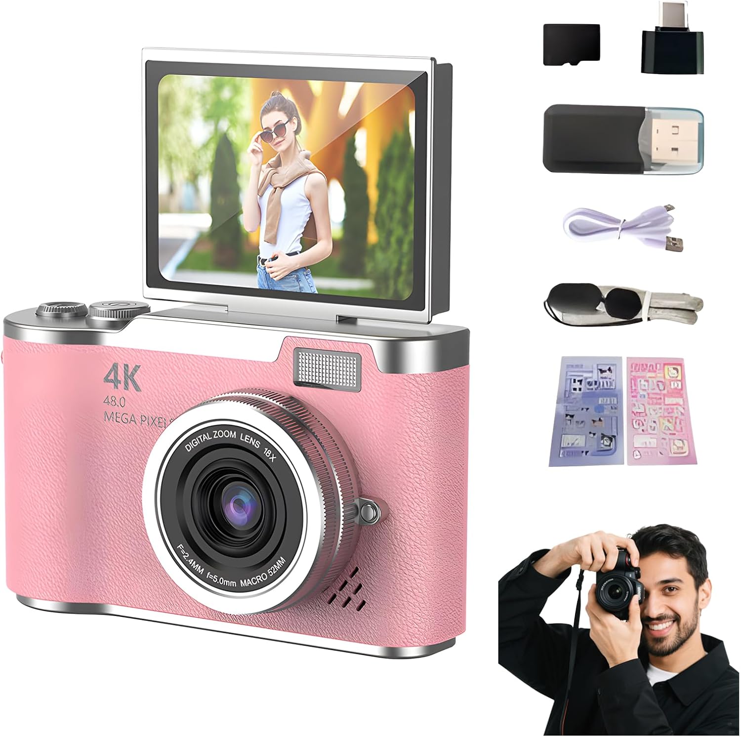 4K Digital Camera for Photography - 4K Foldable Screen Student Camera with 3" 180°Flip Screen, 64MP Vlogging Camera for Youtube, 18X Digital Zoom Point, 32GB Micro SD Card for Beginner (Pink)