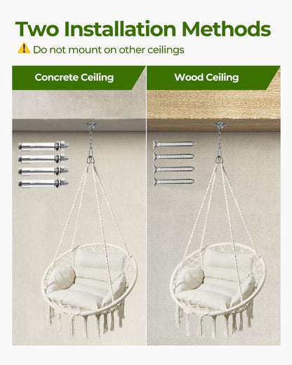 Hammock Chair, Macrame Swing Chair with Comfy Cushion, Boho Hanging Chair for Outdoor & Indoor, Perfect for Bedroom, Patio, Balcony, Hold up to 330Lbs, Beige