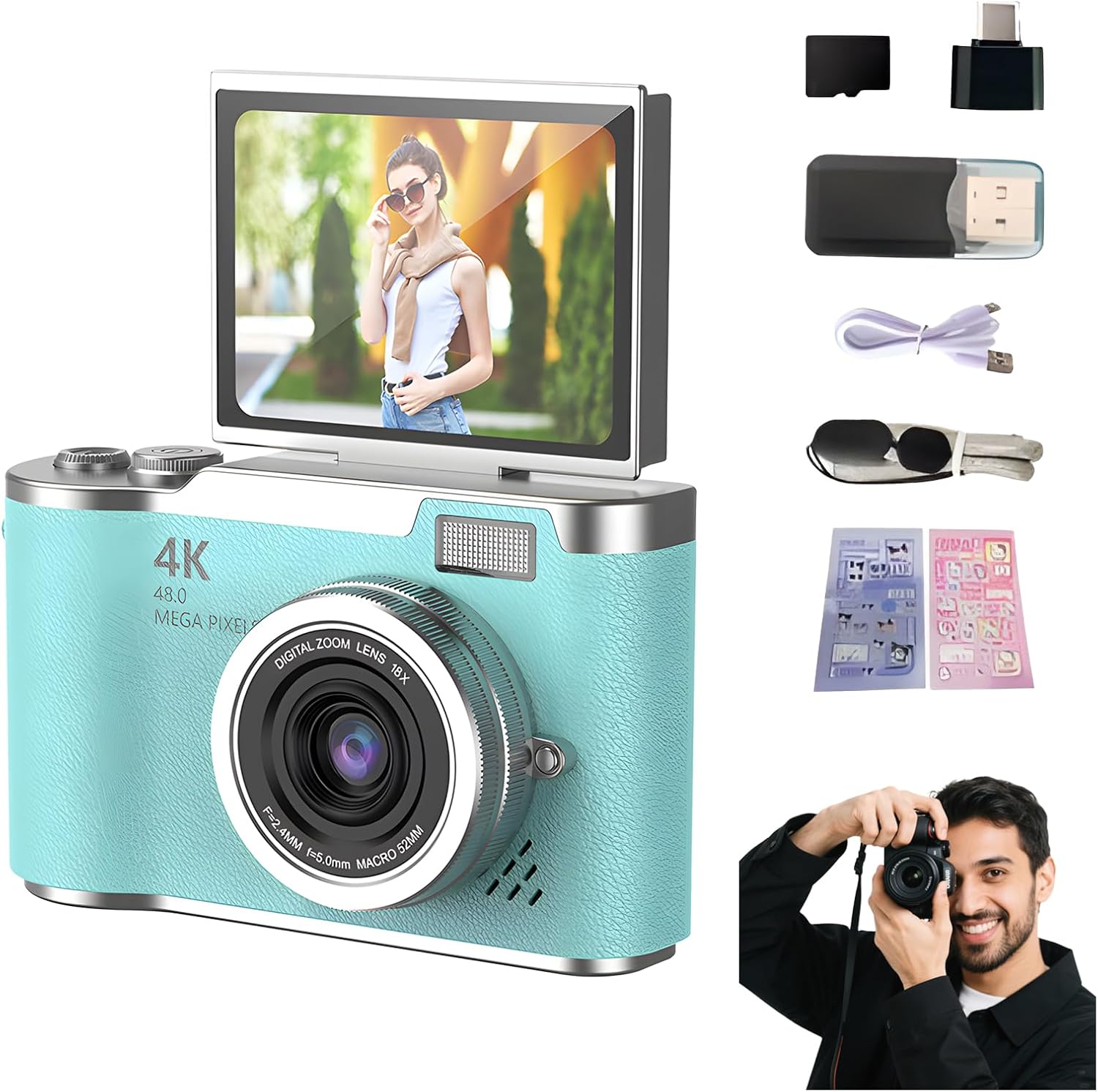 4K Digital Camera for Photography - 4K Foldable Screen Student Camera with 3" 180°Flip Screen, 64MP Vlogging Camera for Youtube, 18X Digital Zoom Point, 32GB Micro SD Card for Beginner (Pink)