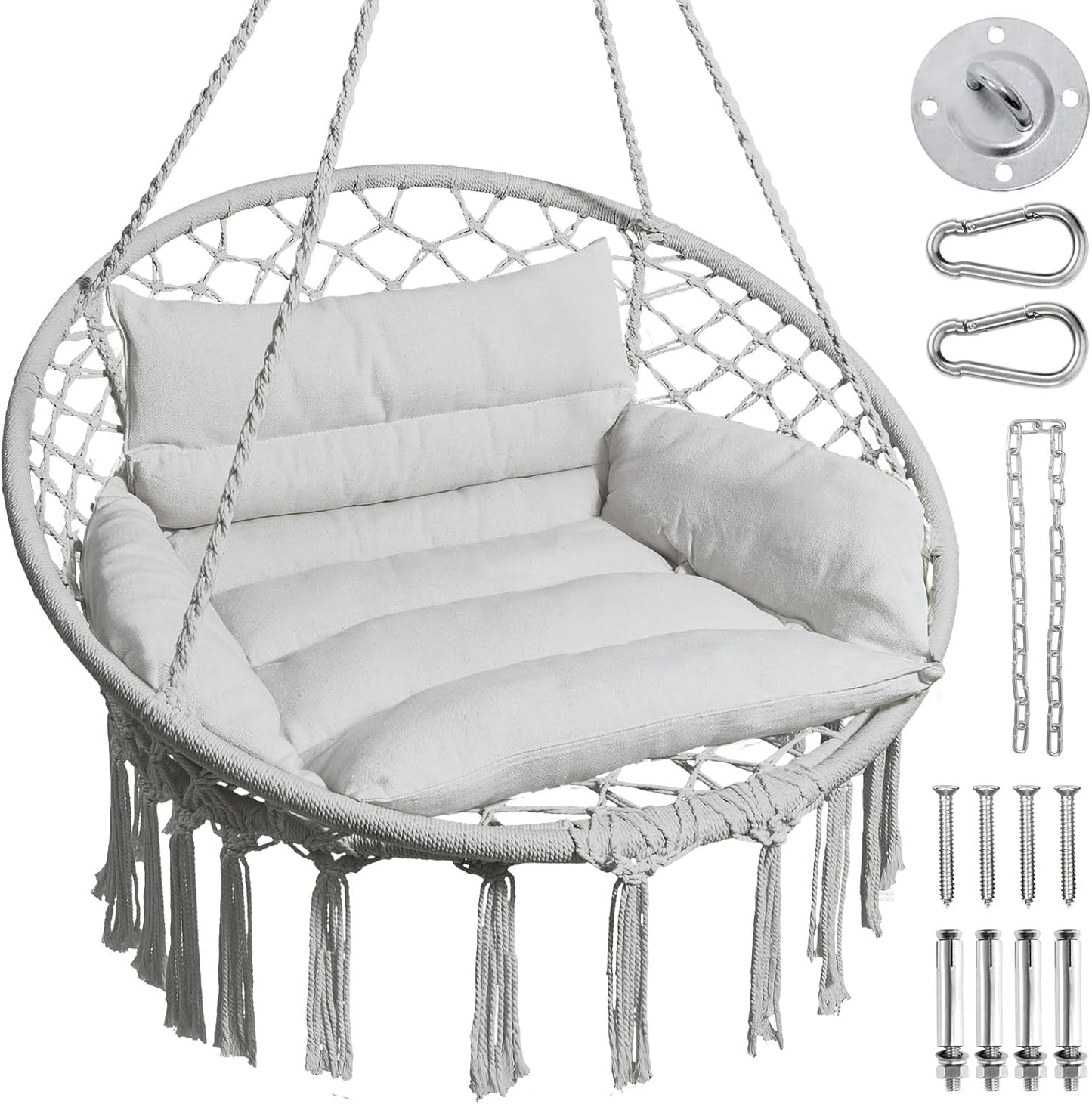 Hammock Chair, Macrame Swing Chair with Comfy Cushion, Boho Hanging Chair for Outdoor & Indoor, Perfect for Bedroom, Patio, Balcony, Hold up to 330Lbs, Beige