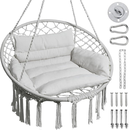 Hammock Chair, Macrame Swing Chair with Comfy Cushion, Boho Hanging Chair for Outdoor & Indoor, Perfect for Bedroom, Patio, Balcony, Hold up to 330Lbs, Beige