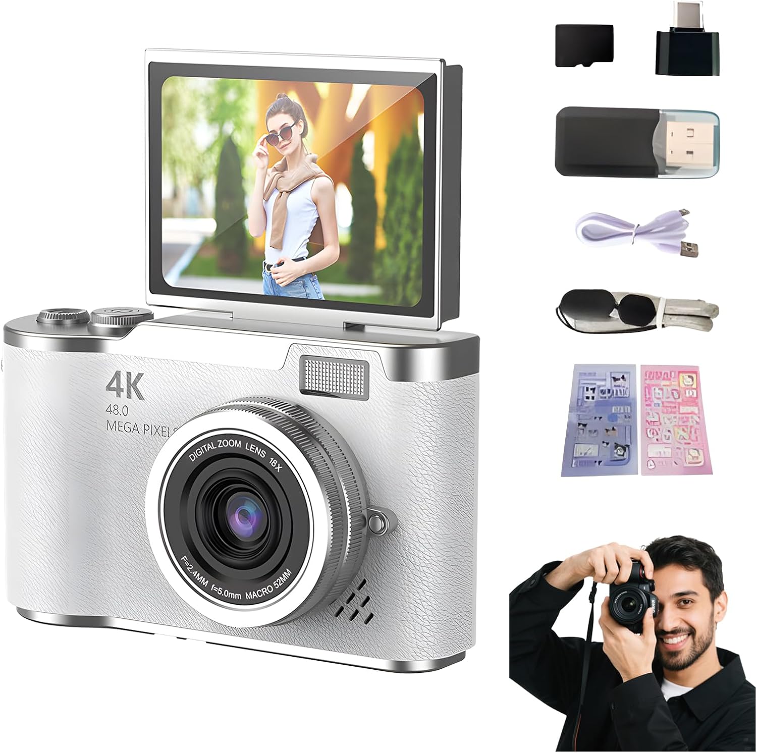 4K Digital Camera for Photography - 4K Foldable Screen Student Camera with 3" 180°Flip Screen, 64MP Vlogging Camera for Youtube, 18X Digital Zoom Point, 32GB Micro SD Card for Beginner (Pink)