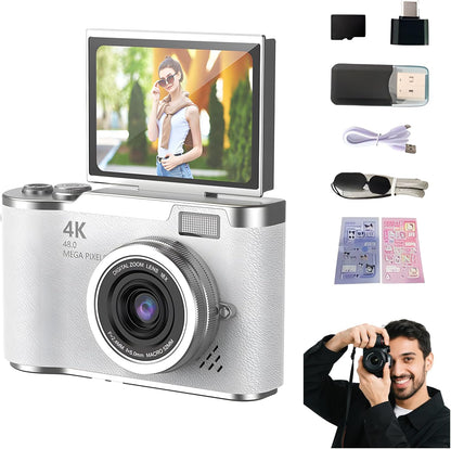 4K Digital Camera for Photography - 4K Foldable Screen Student Camera with 3" 180°Flip Screen, 64MP Vlogging Camera for Youtube, 18X Digital Zoom Point, 32GB Micro SD Card for Beginner (Pink)