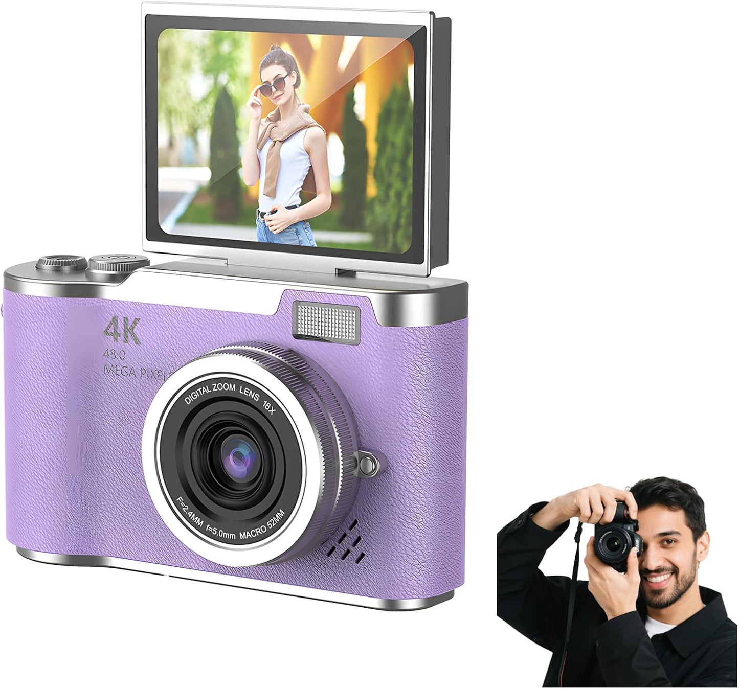 4K Digital Camera for Photography - 4K Foldable Screen Student Camera with 3" 180°Flip Screen, 64MP Vlogging Camera for Youtube, 18X Digital Zoom Point, 32GB Micro SD Card for Beginner (Pink)