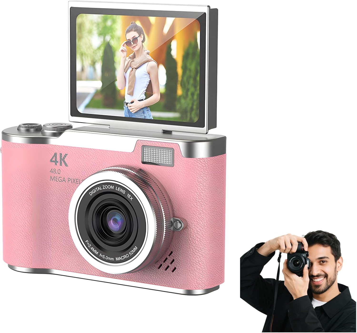 4K Digital Camera for Photography - 4K Foldable Screen Student Camera with 3" 180°Flip Screen, 64MP Vlogging Camera for Youtube, 18X Digital Zoom Point, 32GB Micro SD Card for Beginner (Pink)
