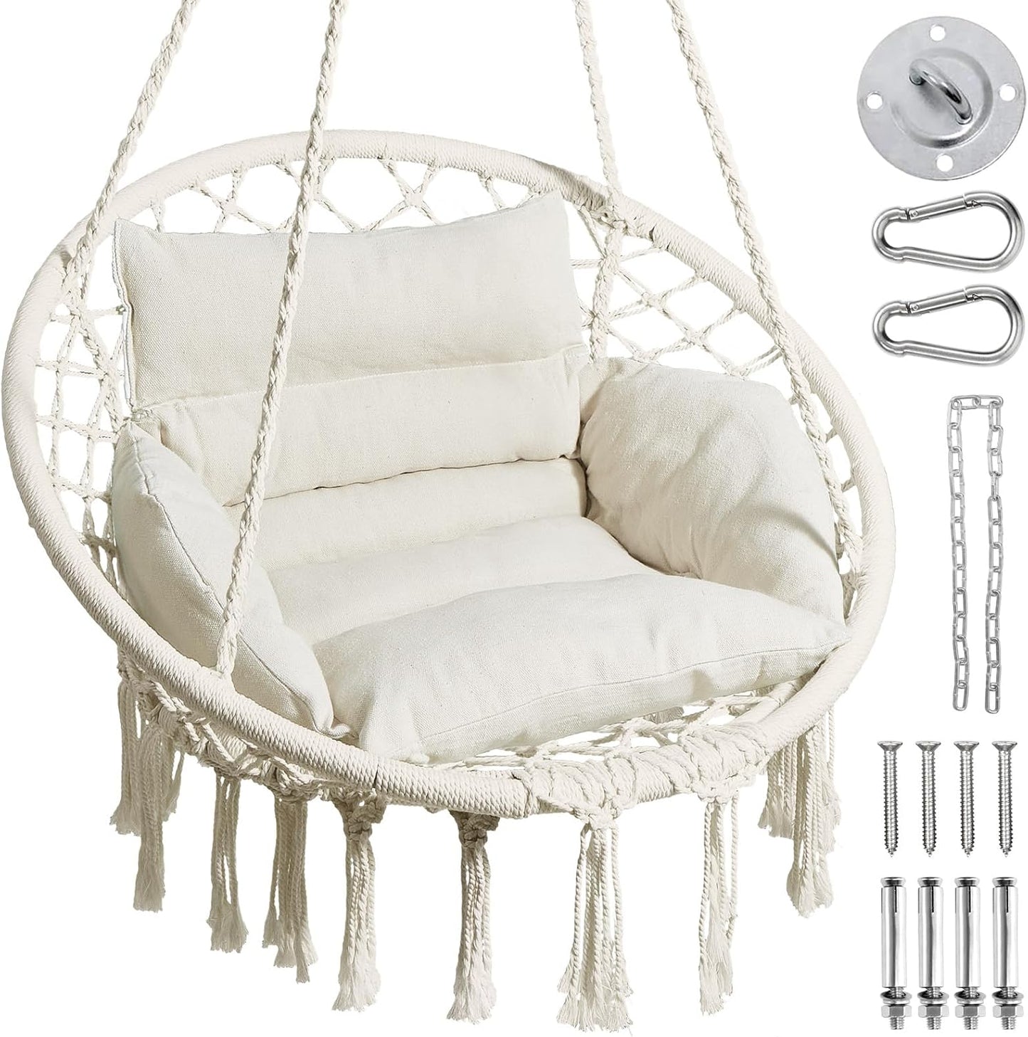 Hammock Chair, Macrame Swing Chair with Comfy Cushion, Boho Hanging Chair for Outdoor & Indoor, Perfect for Bedroom, Patio, Balcony, Hold up to 330Lbs, Beige