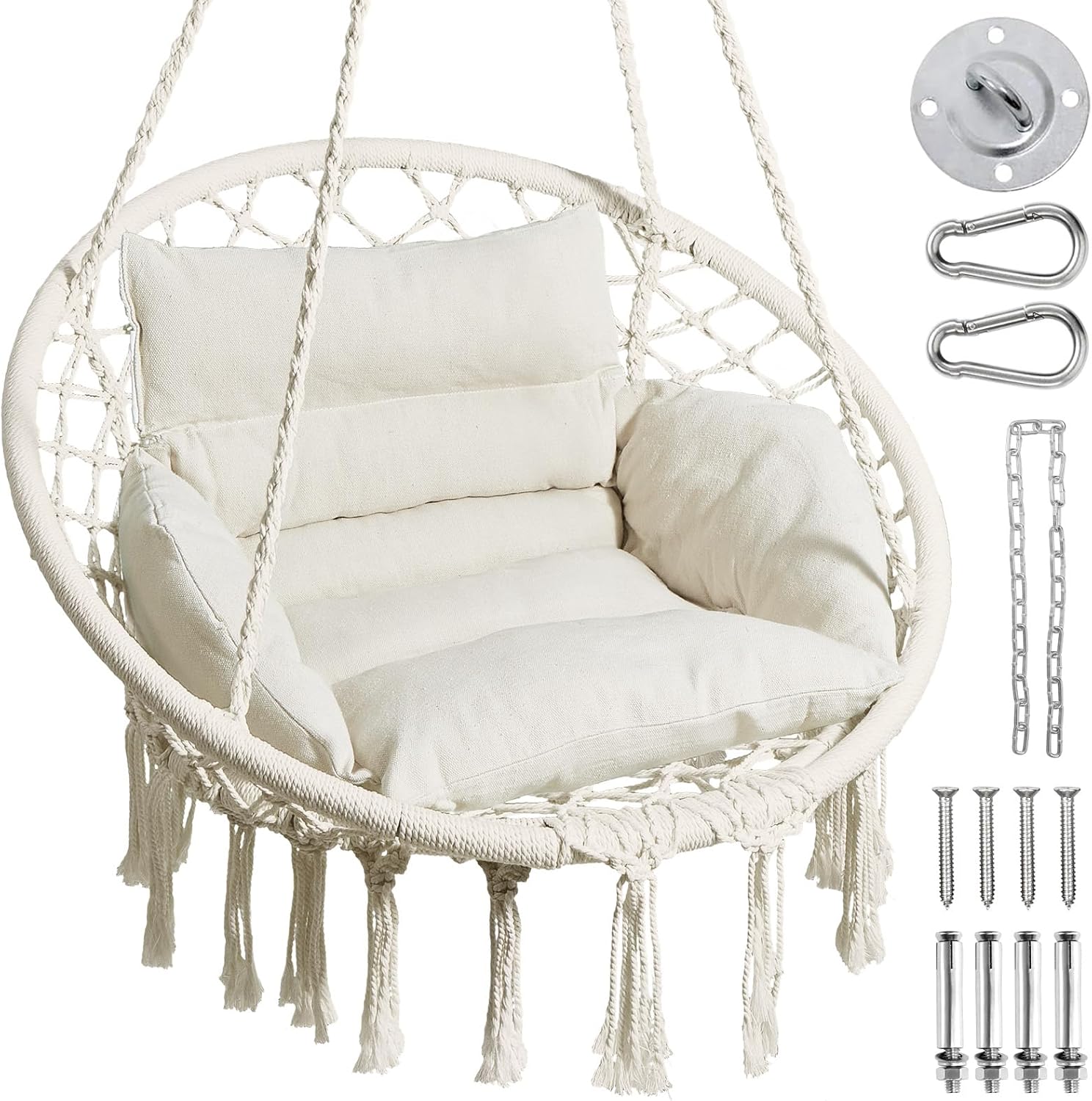 Hammock Chair, Macrame Swing Chair with Comfy Cushion, Boho Hanging Chair for Outdoor & Indoor, Perfect for Bedroom, Patio, Balcony, Hold up to 330Lbs, Beige