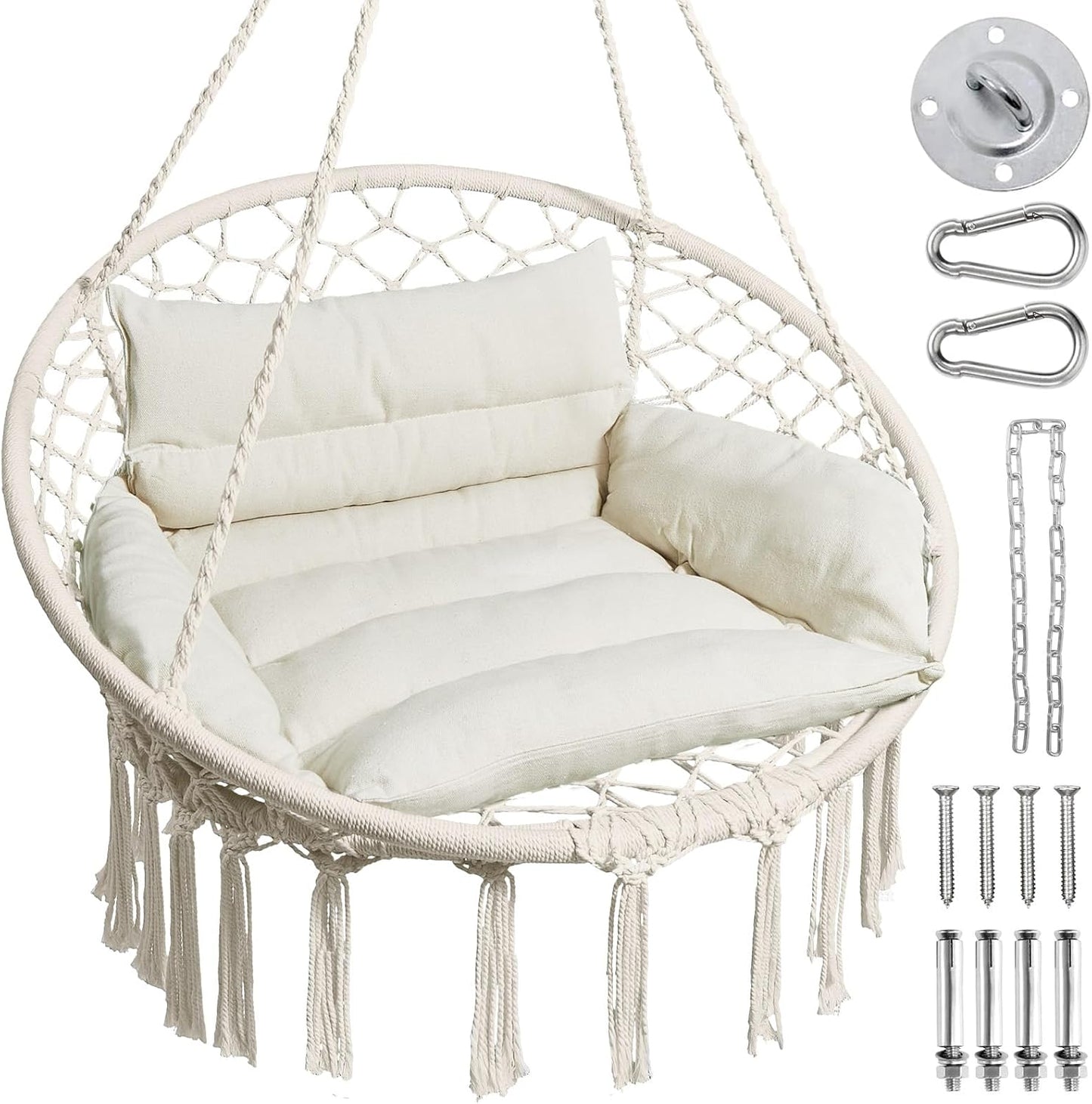 Hammock Chair, Macrame Swing Chair with Comfy Cushion, Boho Hanging Chair for Outdoor & Indoor, Perfect for Bedroom, Patio, Balcony, Hold up to 330Lbs, Beige