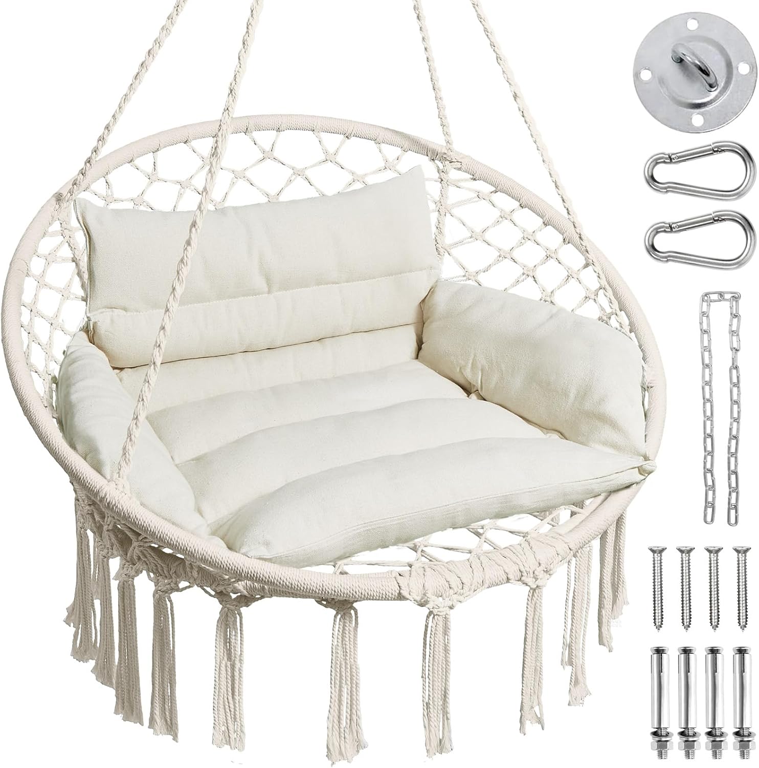 Hammock Chair, Macrame Swing Chair with Comfy Cushion, Boho Hanging Chair for Outdoor & Indoor, Perfect for Bedroom, Patio, Balcony, Hold up to 330Lbs, Beige