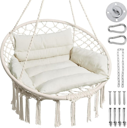 Hammock Chair, Macrame Swing Chair with Comfy Cushion, Boho Hanging Chair for Outdoor & Indoor, Perfect for Bedroom, Patio, Balcony, Hold up to 330Lbs, Beige