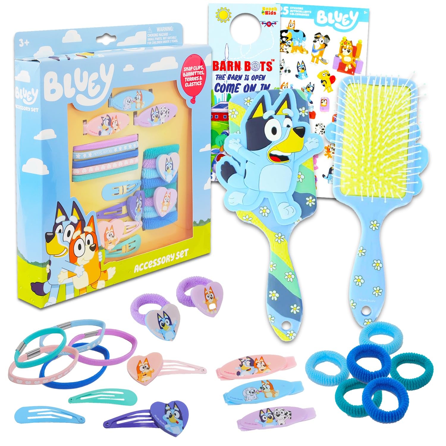 Bluey Hair Accessories Set for Girls - Bundle with Bluey Hair Brush, 3 Snap Clips, 4 Barrettes, 8 Terries, 5 Elastics, and More | Bluey Hair Accessories for Girls