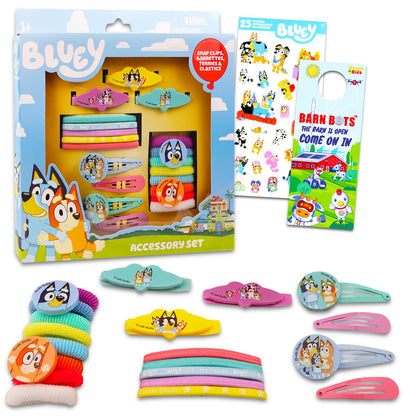 Bluey Hair Accessories for Girls - 20 Pc Bundle with Bluey Hair Ties, Bluey Clips, Bluey Barrettes, Stickers, and More | Bluey Dress up Accessories for Kids