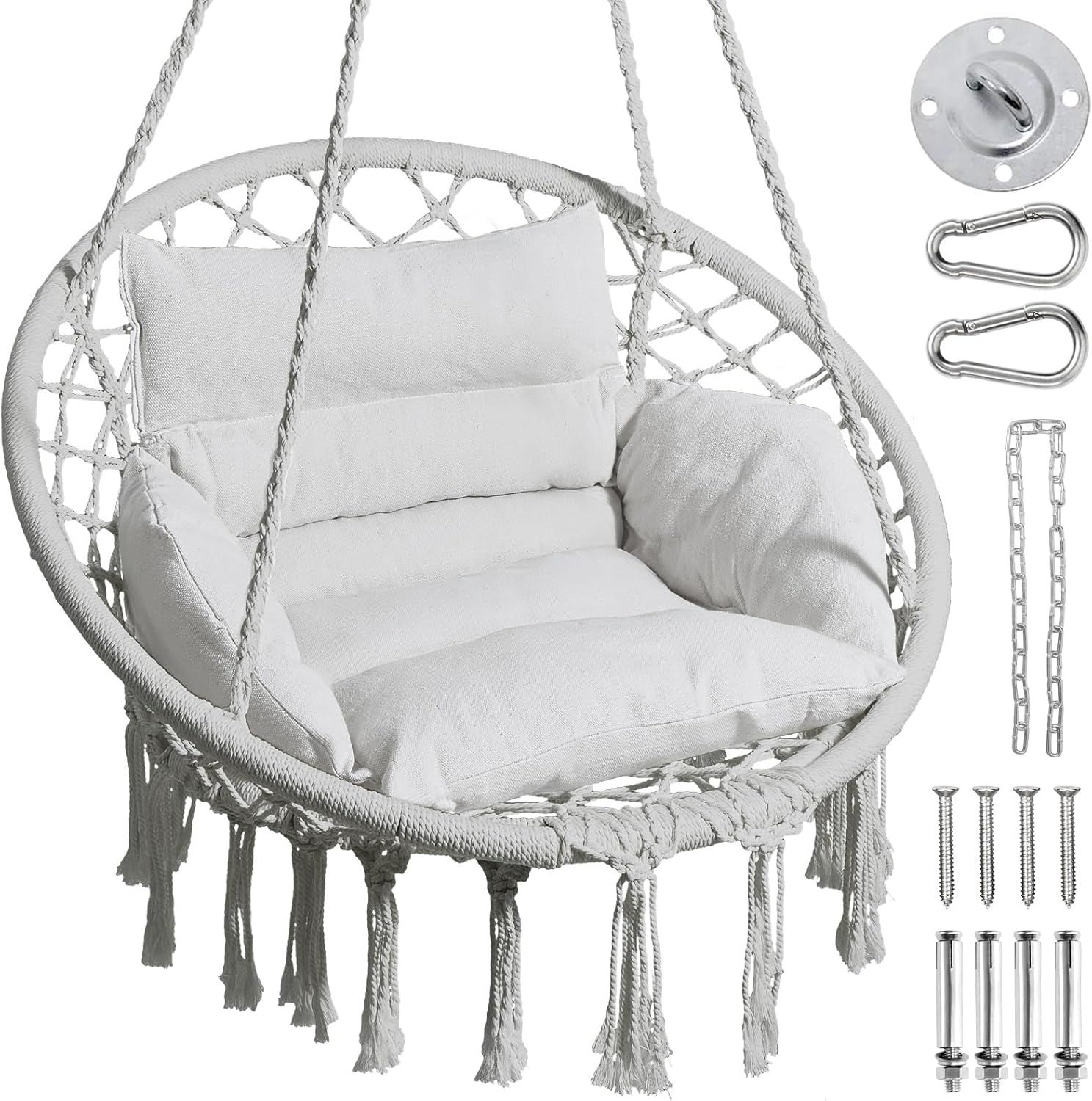Hammock Chair, Macrame Swing Chair with Comfy Cushion, Boho Hanging Chair for Outdoor & Indoor, Perfect for Bedroom, Patio, Balcony, Hold up to 330Lbs, Beige