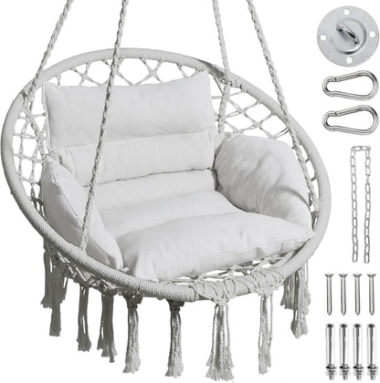 Hammock Chair, Macrame Swing Chair with Comfy Cushion, Boho Hanging Chair for Outdoor & Indoor, Perfect for Bedroom, Patio, Balcony, Hold up to 330Lbs, Beige