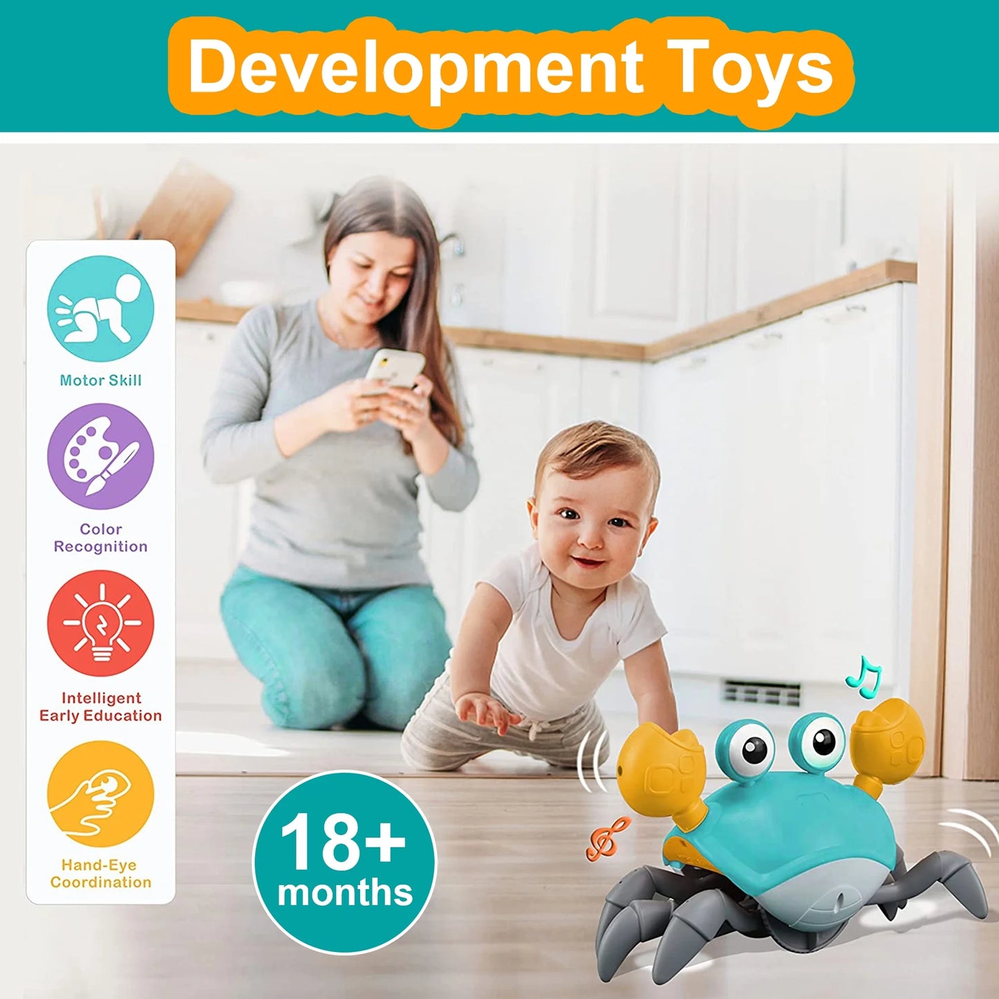 Crawling Crab Baby Toy with Music and LED Light Up,Toddler Interactive Learning Development Toy with Automatically Avoid Obstacles(Green)