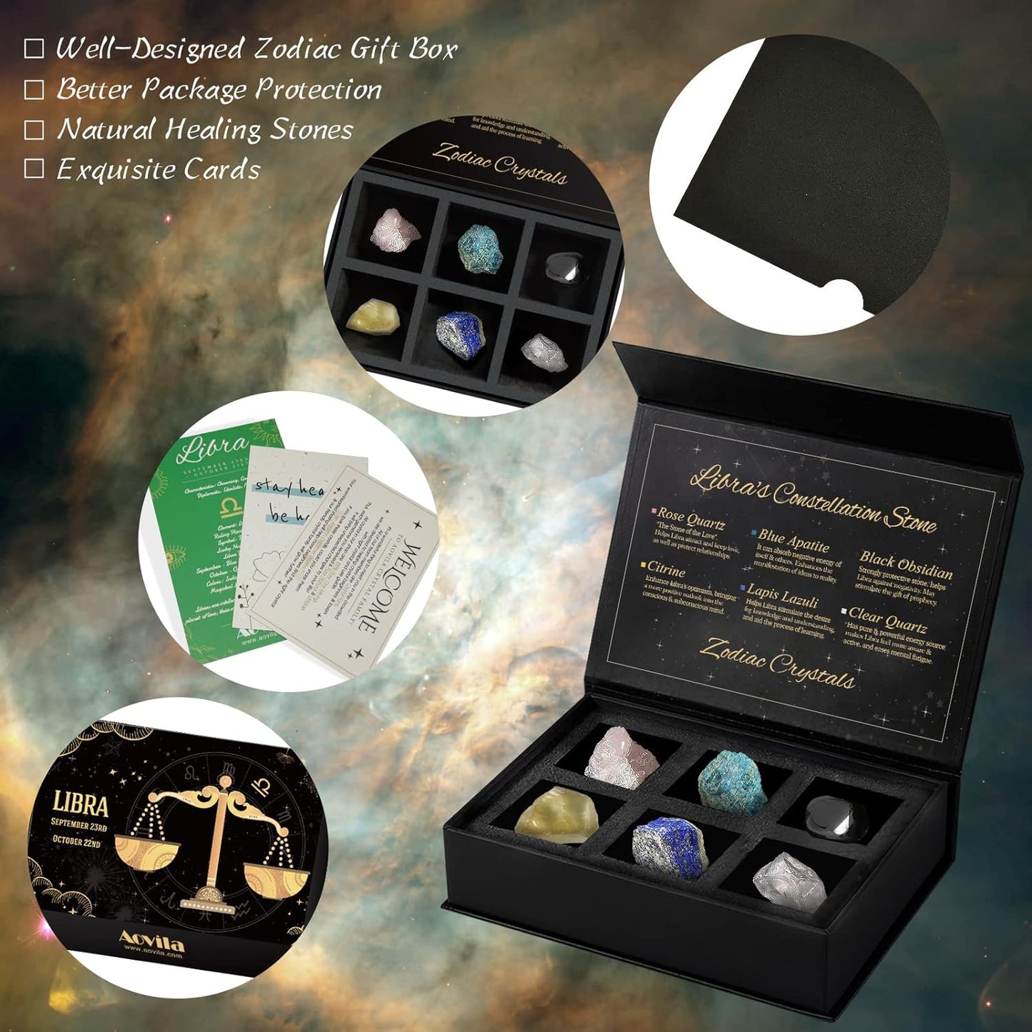 Libra Crystals Gift Set, Libra Zodiac Signs Healing Crystals Birthstones with Horoscope Box Set Libra Astrology Crystals Healing Stones Gifts