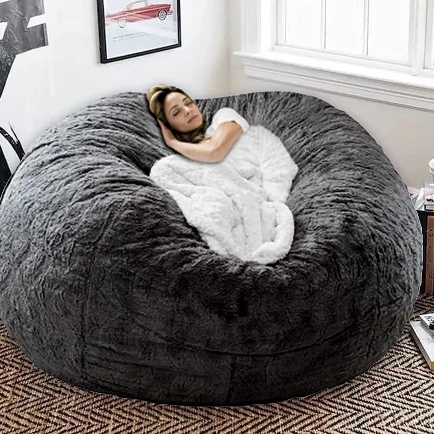 Bean Bag Chairs Giant Bean Bag Cover Only Soft Fluffy Fur Bean Bag 7Ft Dark Grey