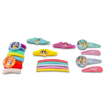 Bluey Hair Accessories for Girls - 20 Pc Bundle with Bluey Hair Ties, Bluey Clips, Bluey Barrettes, Stickers, and More | Bluey Dress up Accessories for Kids